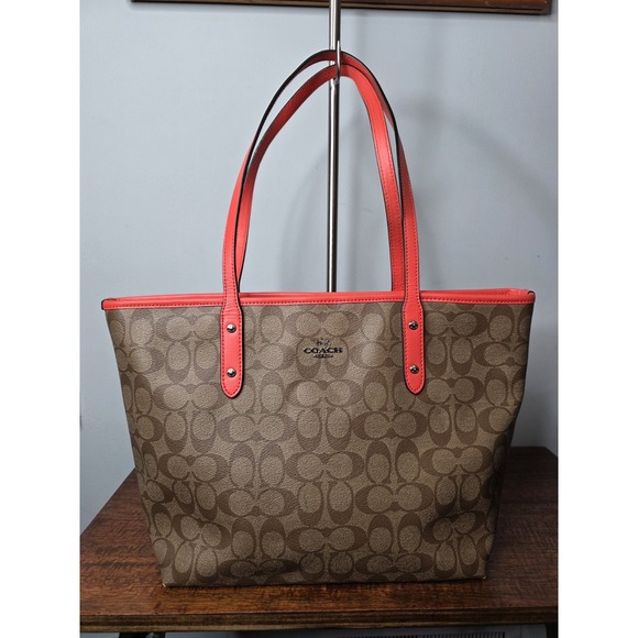 Coach Handbags - COACH Brown Signature Canvas Orange Leather Satchel Tote Shoulder Bag F58292